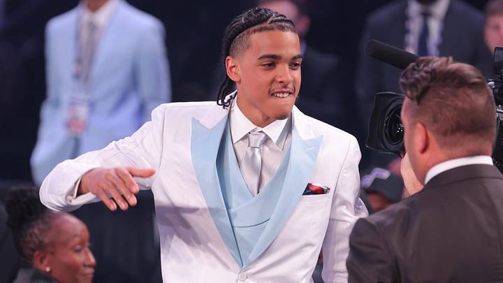 Jun 23, 2026; New York, NY, USA; The sixth pick in the 2026 NBA draft, Louisville guard Mikel Brown Jr., reacts after he was selected by the Brooklyn Nets at Barclays Center. Mandatory Credit: Brad Penner-Imagn Images Jun 23, 2026; New York, NY, USA; The sixth pick in the 2026 NBA draft, Louisville guard Mikel Brown Jr., reacts after he was selected by the Brooklyn Nets at Barclays Center. Mandatory Credit: Brad Penner-Imagn Images