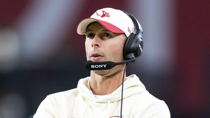 Sep 25, 2025; Glendale, Arizona, USA; Arizona Cardinals head coach Jonathan Gannon against the Seattle Seahawks at State Farm Stadium. Mandatory Credit: Mark J. Rebilas-Imagn Images