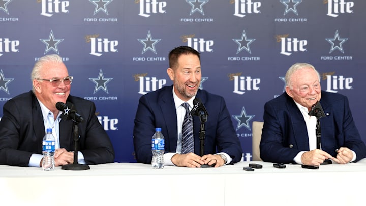 Dallas Cowboys CEO Stephen Jones, head coach Brian Schottenheimer, and owner Jerry Jones speak to the media at a press conference at the Star.