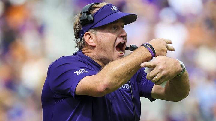 Oct 2, 2021; Fort Worth, Texas, USA; TCU Horned Frogs head coach Gary Patterson reacts during the first half against the Texas Longhorns at Amon G. Carter Stadium. Mandatory Credit: Kevin Jairaj-Imagn Images Oct 2, 2021; Fort Worth, Texas, USA; TCU Horned Frogs head coach Gary Patterson reacts during the first half against the Texas Longhorns at Amon G. Carter Stadium. Mandatory Credit: Kevin Jairaj-Imagn Images
