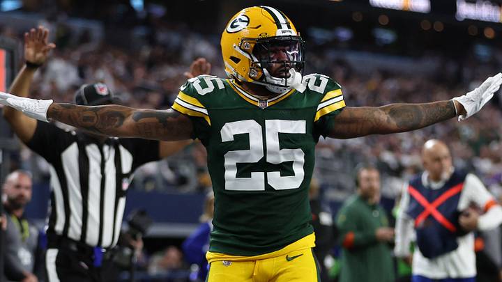 Green Bay Packers cornerback Keisean Nixon (25) reacts after a play against the Dallas Cowboys during the 2023 playoffs. Green Bay Packers cornerback Keisean Nixon (25) reacts after a play against the Dallas Cowboys during the 2023 playoffs.