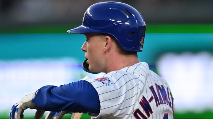Apr 22, 2026; Chicago, Illinois, USA; Chicago Cubs center fielder Pete Crow-Armstrong (4) celebrates his RBI double against the Philadelphia Phillies during the second inning at Wrigley Field. Mandatory Credit: Patrick Gorski-Imagn Images