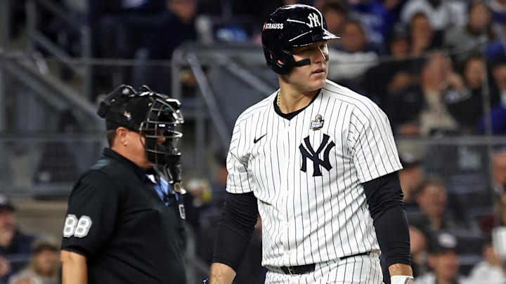Oct 29, 2024; Bronx, New York, USA; New York Yankees first baseman Anthony Rizzo (48) reacts after striking out against the Los Angeles Dodgers in the second inning during game four of the 2024 MLB World Series at Yankee Stadium. 