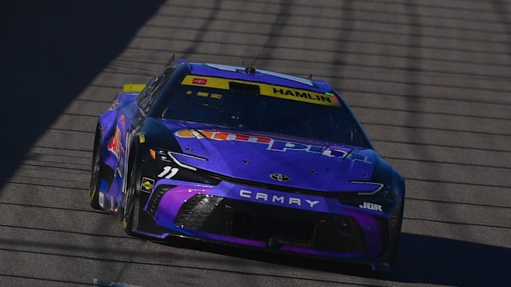 Oct 12, 2025; Las Vegas, Nevada, USA; NASCAR Cup Series driver Denny Hamlin (11) during the South Point 400 at Las Vegas Motor Speedway.