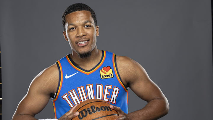 Sep 29, 2025; Oklahoma City, OK, USA; Oklahoma City Thunder guard Chris Youngblood (3) poses for a photo during the 2025 Oklahoma City Thunder media day at Paycom Center. Mandatory Credit: Alonzo Adams-Imagn Images Sep 29, 2025; Oklahoma City, OK, USA; Oklahoma City Thunder guard Chris Youngblood (3) poses for a photo during the 2025 Oklahoma City Thunder media day at Paycom Center. Mandatory Credit: Alonzo Adams-Imagn Images