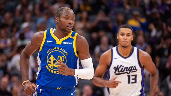 Oct 9, 2024; Sacramento, California, USA; Golden State Warriors forward Jonathan Kuminga (00) and Sacramento Kings forward Keegan Murray (13) jog up the court during the first quarter at Golden 1 Center. Mandatory Credit: Ed Szczepanski-Imagn Images Oct 9, 2024; Sacramento, California, USA; Golden State Warriors forward Jonathan Kuminga (00) and Sacramento Kings forward Keegan Murray (13) jog up the court during the first quarter at Golden 1 Center. Mandatory Credit: Ed Szczepanski-Imagn Images