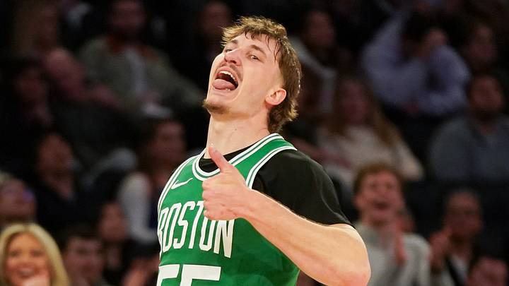 Apr 9, 2026; New York, New York, USA; Boston Celtics guard Baylor Scheierman (55) reacts after hitting a three pointer during the fourth quarter against the New York Knicks at Madison Square Garden. Mandatory Credit: Lucas Boland-Imagn Images Apr 9, 2026; New York, New York, USA; Boston Celtics guard Baylor Scheierman (55) reacts after hitting a three pointer during the fourth quarter against the New York Knicks at Madison Square Garden. Mandatory Credit: Lucas Boland-Imagn Images