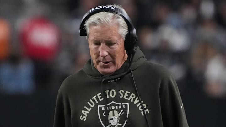 Nov 17, 2025; Paradise, Nevada, USA;  Las Vegas Raiders head coach Pete Carroll walks the sidelines against the Dallas Cowboys during the first half at Allegiant Stadium. Mandatory Credit: Kirby Lee-Imagn Images