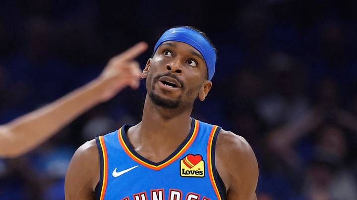 May 30, 2026; Oklahoma City, Oklahoma, USA; Oklahoma City Thunder guard Shai Gilgeous-Alexander (2) reacts in the second quarter against the San Antonio Spurs during game seven of the western conference finals for the 2026 NBA playoffs at Paycom Center. Mandatory Credit: Alonzo Adams-Imagn Images