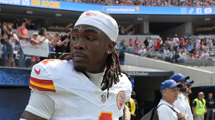 Sep 29, 2024; Inglewood, California, USA; Kansas City Chiefs wide receiver Rashee Rice (4) leaves the field following the game against the Los Angeles Chargers at SoFi Stadium. Mandatory Credit: Jayne Kamin-Oncea-Imagn Images Sep 29, 2024; Inglewood, California, USA; Kansas City Chiefs wide receiver Rashee Rice (4) leaves the field following the game against the Los Angeles Chargers at SoFi Stadium. Mandatory Credit: Jayne Kamin-Oncea-Imagn Images