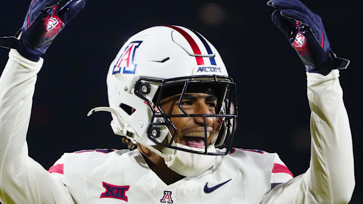 Arizona defensive back Gavin Hunter (23) celebrates an Arizona State turnover during a game at Mountain America Stadium in Tempe on Nov. 28, 2025.