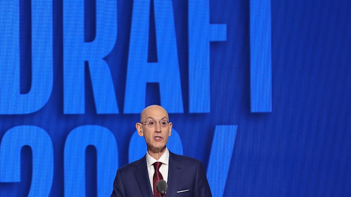 Jun 26, 2024; Brooklyn, NY, USA; NBA commissioner Adam Silver speaks before the first round of the 2024 NBA Draft at Barclays Center. Mandatory Credit: Brad Penner-Imagn Images
