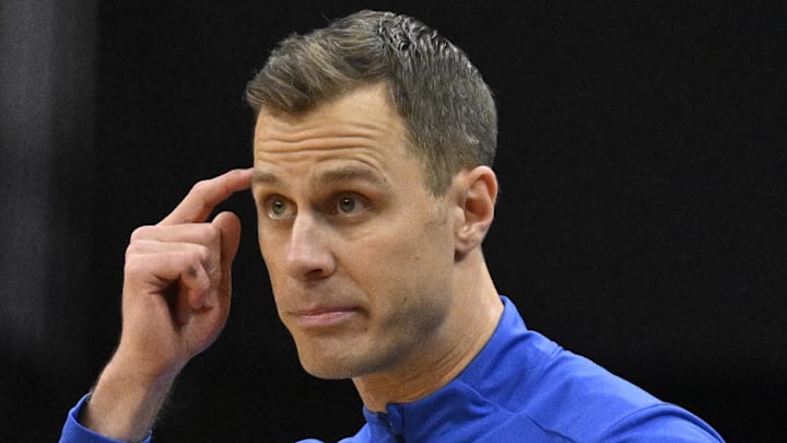 Jan 6, 2026; Louisville, Kentucky, USA; Duke Blue Devils head coach Jon Scheyer reacts during the second half against the Louisville Cardinals at KFC Yum! Center. Duke defeated Louisville 84-73. Mandatory Credit: Jamie Rhodes-Imagn Images Jan 6, 2026; Louisville, Kentucky, USA; Duke Blue Devils head coach Jon Scheyer reacts during the second half against the Louisville Cardinals at KFC Yum! Center. Duke defeated Louisville 84-73. Mandatory Credit: Jamie Rhodes-Imagn Images