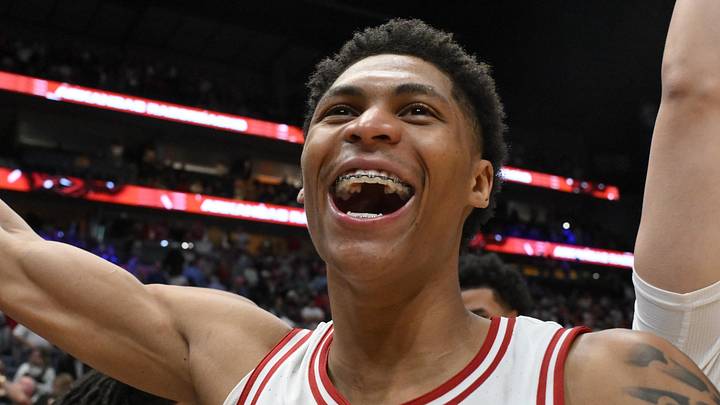 Mar 15, 2026; Nashville, TN, USA; Arkansas Razorbacks guard Meleek Thomas (1) celebrates after the men's SEC Conference Tournament Championship against the Vanderbilt Commodores at Bridgestone Arena. Mandatory Credit: Steve Roberts-Imagn Images