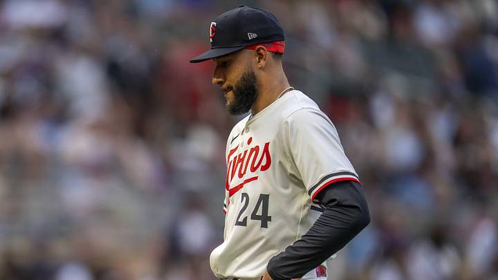 Jun 10, 2025; Minneapolis, Minnesota, USA; Minnesota Twins starting pitcher Simeon Woods Richardson (24) walks off the field after getting pulled from the game against the Texas Rangers in the fifth inning at Target Field. Mandatory Credit: Jesse Johnson-Imagn Images Jun 10, 2025; Minneapolis, Minnesota, USA; Minnesota Twins starting pitcher Simeon Woods Richardson (24) walks off the field after getting pulled from the game against the Texas Rangers in the fifth inning at Target Field. Mandatory Credit: Jesse Johnson-Imagn Images