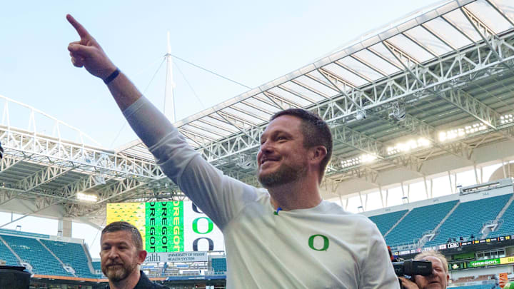 Oregon head coach Dan Lanning walks off the field as the Oregon Ducks take on the Texas Tech Red Raiders in the Orange Bowl on Jan. 1, 2026, at Hard Rock Stadium in Miami, Florida.