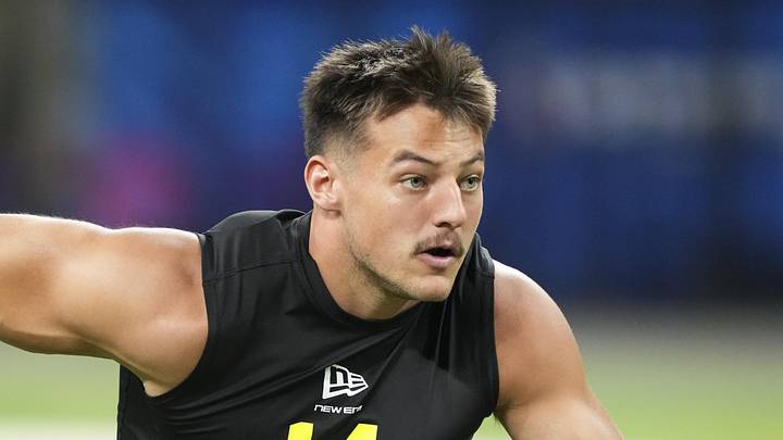 Feb 26, 2026; Indianapolis, IN, USA; BYU linebacker Jack Kelly (LB14) during the NFL Scouting Combine at Lucas Oil Stadium. Mandatory Credit: Kirby Lee-Imagn Images Feb 26, 2026; Indianapolis, IN, USA; BYU linebacker Jack Kelly (LB14) during the NFL Scouting Combine at Lucas Oil Stadium. Mandatory Credit: Kirby Lee-Imagn Images