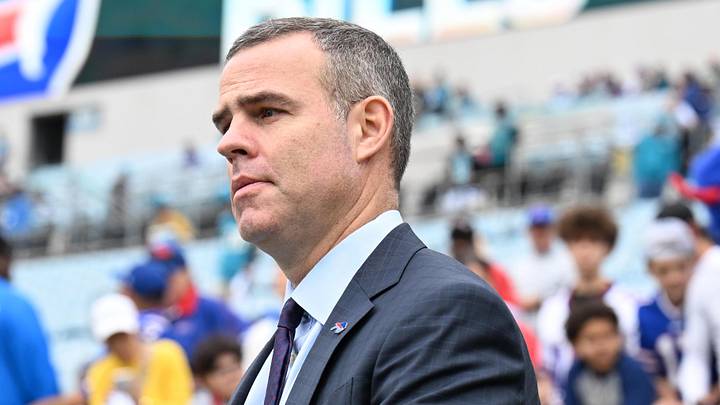Jan 11, 2026; Jacksonville, FL, USA; Buffalo Bills general manager Brandon Beane before an an AFC Wild Card Round game against the Jacksonville Jaguars at EverBank Stadium. Mandatory Credit: Melina Myers-Imagn Images