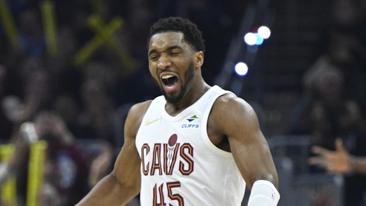 Apr 8, 2026; Cleveland, Ohio, USA; Cleveland Cavaliers guard Donovan Mitchell (45) celebrates in the third quarter against the Atlanta Hawks at Rocket Arena. Mandatory Credit: David Richard-Imagn Images