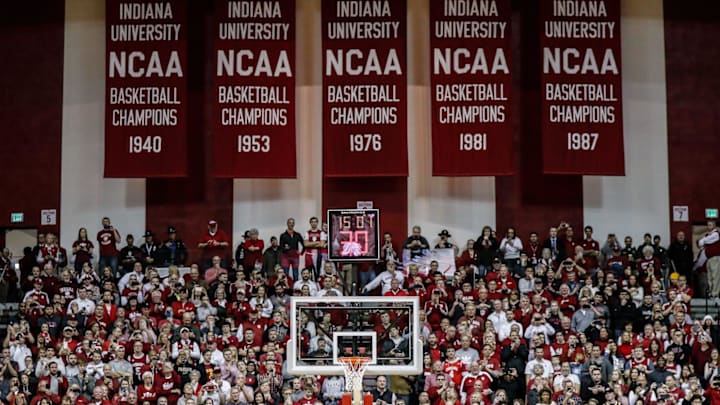 Indiana's national championship banners hang at Simon Skjodt Assembly Hall on Feb. 8, 2020.