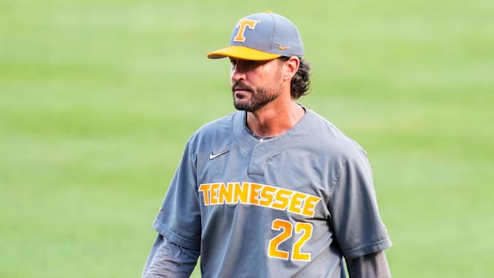 Tennessee head coach Tony Vitello during game one of the NCAA baseball tournament Fayetteville Super Regional between Tennessee and Arkansas held at Baum-Walker Stadium on Saturday, June 7, 2025.