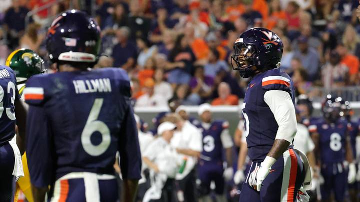Sep 11, 2026; Charlottesville, Virginia, USA; Virginia Cavaliers linebacker Kam Robinson (5) reacts to a play during the second quarter against the Norfolk State Spartans at Scott Stadium. Mandatory Credit: Amber Searls-Imagn Images Sep 11, 2026; Charlottesville, Virginia, USA; Virginia Cavaliers linebacker Kam Robinson (5) reacts to a play during the second quarter against the Norfolk State Spartans at Scott Stadium. Mandatory Credit: Amber Searls-Imagn Images