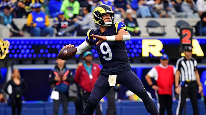 Nov 16, 2025; Inglewood, California, USA; Los Angeles Rams quarterback Matthew Stafford (9) throws a during the second half against the Seattle Seahawks at SoFi Stadium. Mandatory Credit: Gary A. Vasquez-Imagn Images Nov 16, 2025; Inglewood, California, USA; Los Angeles Rams quarterback Matthew Stafford (9) throws a during the second half against the Seattle Seahawks at SoFi Stadium. Mandatory Credit: Gary A. Vasquez-Imagn Images
