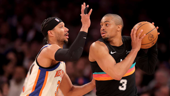 Mar 1, 2026; New York, New York, USA; San Antonio Spurs forward Keldon Johnson (3) controls the ball against New York Knicks guard Josh Hart (3) during the second quarter at Madison Square Garden. Mandatory Credit: Brad Penner-Imagn Images Mar 1, 2026; New York, New York, USA; San Antonio Spurs forward Keldon Johnson (3) controls the ball against New York Knicks guard Josh Hart (3) during the second quarter at Madison Square Garden. Mandatory Credit: Brad Penner-Imagn Images