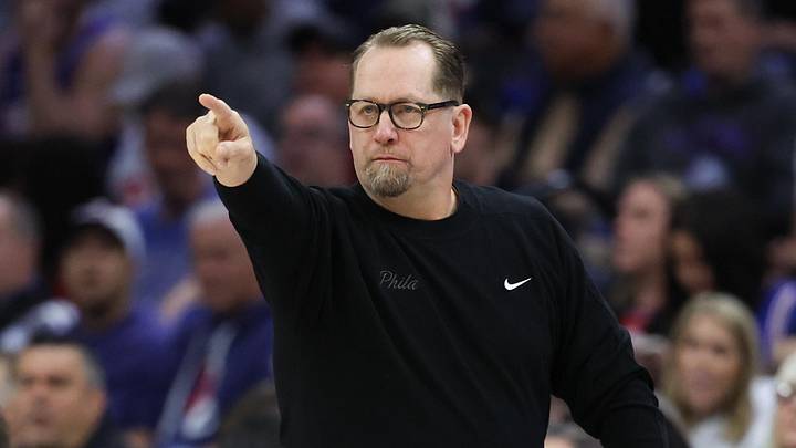 Apr 30, 2026; Philadelphia, Pennsylvania, USA; Philadelphia 76ers head coach Nick Nurse reacts to a play during the first quarter against the Boston Celtics at Xfinity Mobile Arena. Mandatory Credit: Bill Streicher-Imagn Images