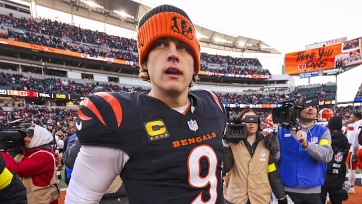 Jan 4, 2026; Cincinnati, Ohio, USA; Cincinnati Bengals quarterback Joe Burrow (9) walks to the locker room following a loss against the Cleveland Browns at Paycor Stadium. Mandatory Credit: Joseph Maiorana-Imagn Images
