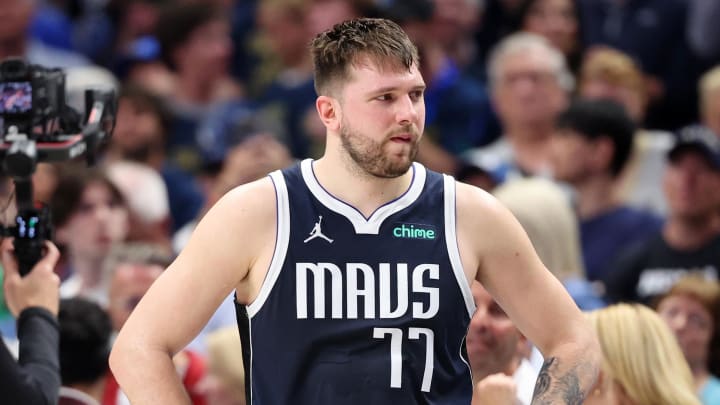 Jun 12, 2024; Dallas, Texas, USA; Dallas Mavericks guard Luka Doncic (77) reacts after fouling out of the game against the Boston Celtics during the fourth quarter during game three of the 2024 NBA Finals at American Airlines Center. Mandatory Credit: Kevin Jairaj-USA TODAY Sports