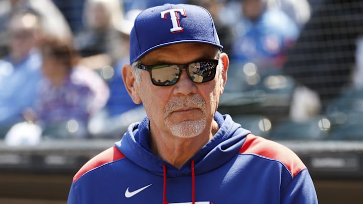 May 24, 2025; Chicago, Illinois, USA; Texas Rangers manager Bruce Bochy (15) looks on from the dugout before a baseball game against the Chicago White Sox at Rate Field May 24, 2025; Chicago, Illinois, USA; Texas Rangers manager Bruce Bochy (15) looks on from the dugout before a baseball game against the Chicago White Sox at Rate Field