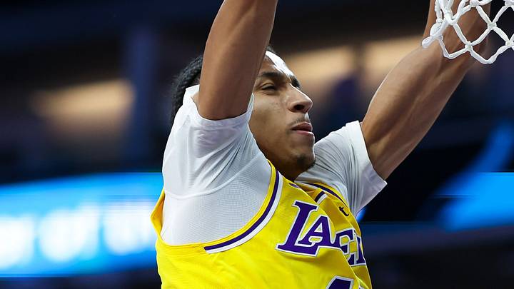 Oct 5, 2026; Sacramento, California, USA;  Los Angeles Lakers guard Cameron Carr (43) dunks the ball during the second quarter against the Sacramento Kings at Golden 1 Center.  Mandatory Credit: Sergio Estrada-Imagn Images
