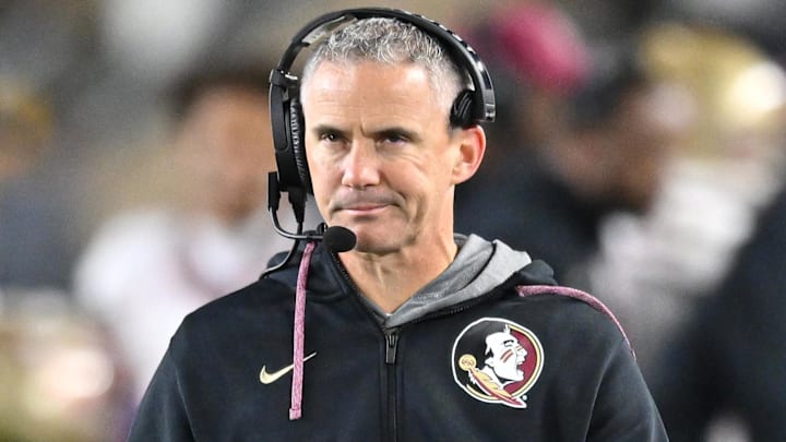 Nov 9, 2024; South Bend, Indiana, USA; Florida State Seminoles head coach Mike Norvell watches in the third quarter against the Notre Dame Fighting Irish at Notre Dame Stadium. Mandatory Credit: Matt Cashore-Imagn Images