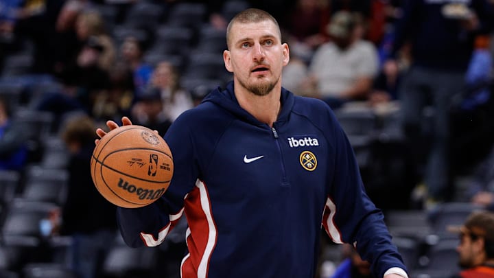 Denver Nuggets center Nikola Jokic (15) before the game against the Dallas Mavericks at Ball Arena. Denver Nuggets center Nikola Jokic (15) before the game against the Dallas Mavericks at Ball Arena.