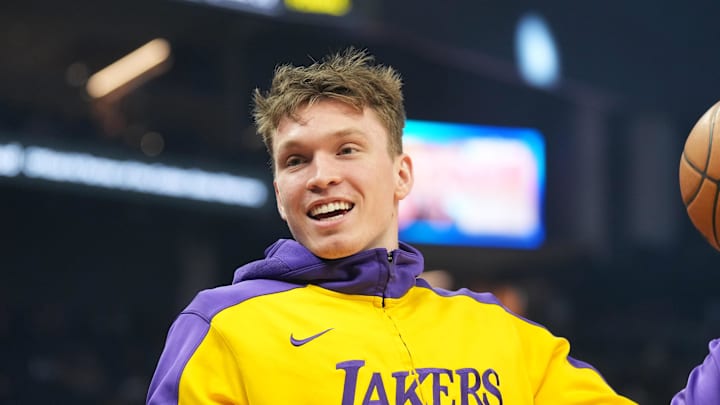 Jan 25, 2025; San Francisco, California, USA; Los Angeles Lakers guard Dalton Knecht (4) before the game against the Golden State Warriors at Chase Center. Mandatory Credit: Darren Yamashita-Imagn Images