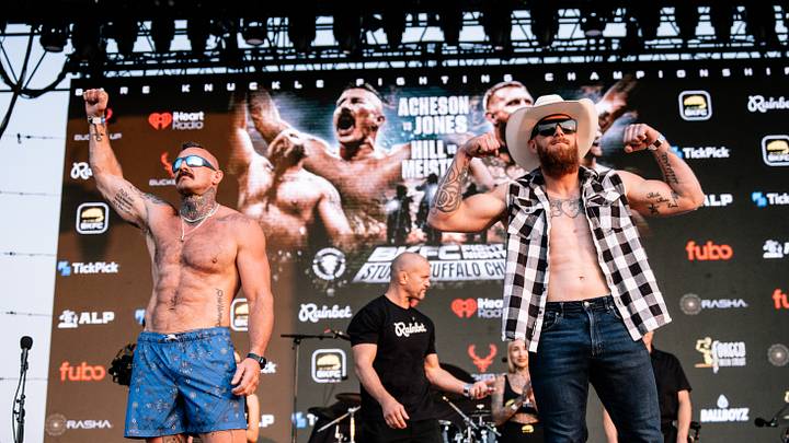 Bryant Acheson (left) and Mike Jones (right) at the BKFC Sturgis ceremonial weigh-ins. Bryant Acheson (left) and Mike Jones (right) at the BKFC Sturgis ceremonial weigh-ins.