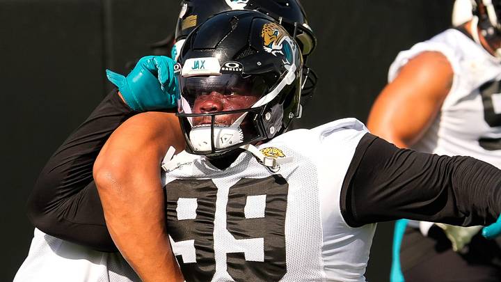 Jacksonville Jaguars defensive tackle Ruke Orhorhoro (99) runs a blocking drill with Jacksonville Jaguars defensive tackle Arik Armstead (91) during the Jaguars final Organized Team Activity on Monday, June 15, 2026 at the Miller Electric Center in Jacksonville, Fla. 
