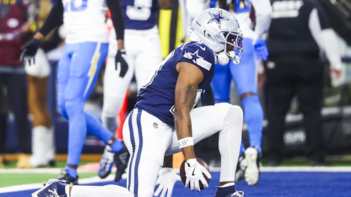 Dallas Cowboys wide receiver Ryan Flournoy celebrates after catching a touchdown pass against the Los Angeles Chargers 