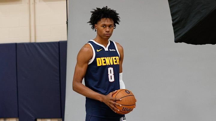 Sep 29, 2025; Denver, CO, USA; Denver Nuggets player Peyton Watson (8) poses for a picture during media day at Ball Arena. Mandatory Credit: Isaiah J. Downing-Imagn Images