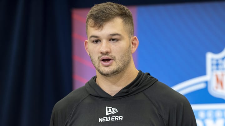 Feb 27, 2025; Indianapolis, IN, USA; Iowa tight end Luke Lachey (TE14) during the 2025 NFL Combine at Lucas Oil Stadium. Mandatory Credit: Tanner Pearson-Imagn Images