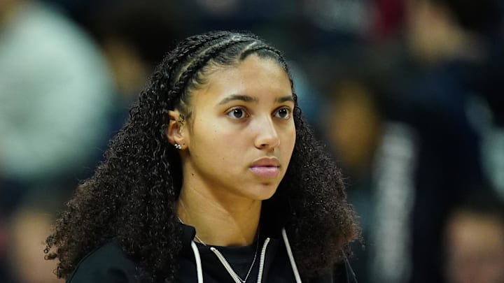 Jan 20, 2024; Storrs, Connecticut, USA; UConn Huskies guard Azzi Fudd (35) on the court before the start of the game against the DePaul Blue Demons at Harry A. Gampel Pavilion. Mandatory Credit: David Butler II-Imagn Images