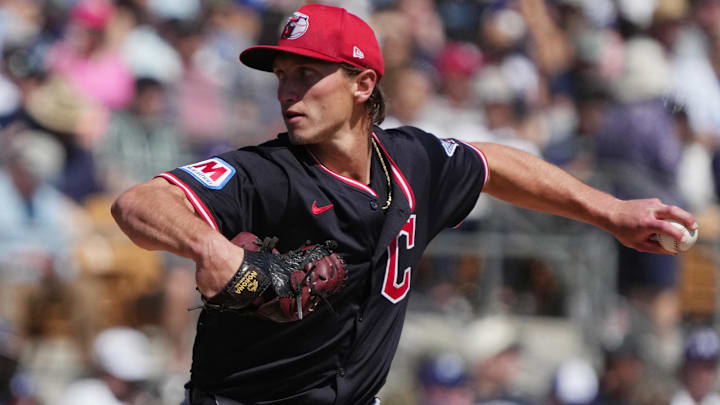 Mar 11, 2025; Phoenix, Arizona, USA; Cleveland Guardians pitcher Doug Nikhazy (65) throws against the Los Angeles Dodgers in the first inning at Camelback Ranch-Glendale. Mandatory Credit: Rick Scuteri-Imagn Images Mar 11, 2025; Phoenix, Arizona, USA; Cleveland Guardians pitcher Doug Nikhazy (65) throws against the Los Angeles Dodgers in the first inning at Camelback Ranch-Glendale. Mandatory Credit: Rick Scuteri-Imagn Images
