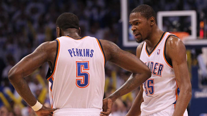 Jun 2, 2012; Oklahoma City, OK, USA; Oklahoma City Thunder forward Kevin Durant (35) celebrates with center Kendrick Perkins (5) in the fourth quarter against the San Antonio Spurs in game four of the Western Conference finals of the 2012 NBA playoffs at Chesapeake Energy Arena. The Thunder beat the Spurs 109-103. Mandatory Credit: Matthew Emmons-Imagn Images Jun 2, 2012; Oklahoma City, OK, USA; Oklahoma City Thunder forward Kevin Durant (35) celebrates with center Kendrick Perkins (5) in the fourth quarter against the San Antonio Spurs in game four of the Western Conference finals of the 2012 NBA playoffs at Chesapeake Energy Arena. The Thunder beat the Spurs 109-103. Mandatory Credit: Matthew Emmons-Imagn Images