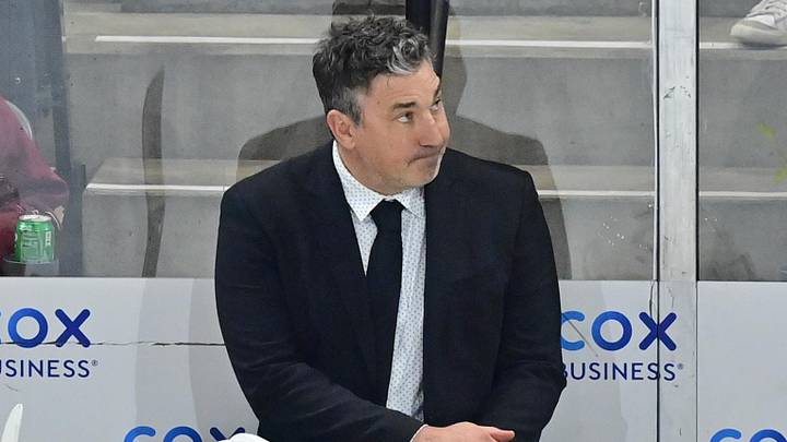 Mar 28, 2024; Tempe, Arizona, USA; Nashville Predators head coach Andrew Brunette looks on in the first period against the Arizona Coyotes at Mullett Arena. Mandatory Credit: Matt Kartozian-Imagn Images