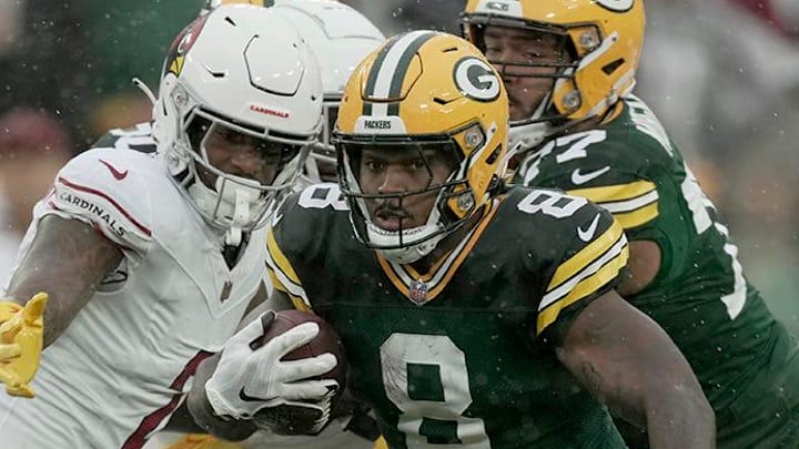 Green Bay Packers running back Josh Jacobs is questionable for Sunday at the Cardinals.