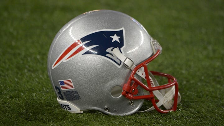 Jan 20, 2013; Foxboro, MA, USA; General view of a New England Patriots helmet during the AFC championship game against the Baltimore Ravens at Gillette Stadium. The Ravens defeated the Patriots 28-13.  Mandatory Credit: Kirby Lee/Imagn Images