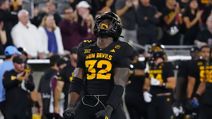 Arizona State defensive lineman Prince Dorbah (32) celebrates a sack against TCU during a game at Mountain America Stadium in Tempe on Sept. 26, 2025. Arizona State defensive lineman Prince Dorbah (32) celebrates a sack against TCU during a game at Mountain America Stadium in Tempe on Sept. 26, 2025.