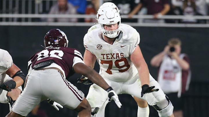 Texas Longhorns offensive linemen Connor Stroh (79) blocks during the fourth quarter against the Mississippi State Bulldogs at Davis Wade Stadium at Scott Field. Texas Longhorns offensive linemen Connor Stroh (79) blocks during the fourth quarter against the Mississippi State Bulldogs at Davis Wade Stadium at Scott Field.