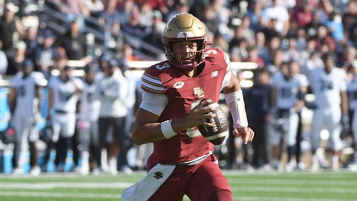Oct 18, 2025; Chestnut Hill, Massachusetts, USA; Boston College Eagles quarterback Grayson James (3) runs with the ball during the second half against the UConn Huskies at Alumni Stadium. Mandatory Credit: Bob DeChiara-Imagn Images Oct 18, 2025; Chestnut Hill, Massachusetts, USA; Boston College Eagles quarterback Grayson James (3) runs with the ball during the second half against the UConn Huskies at Alumni Stadium. Mandatory Credit: Bob DeChiara-Imagn Images